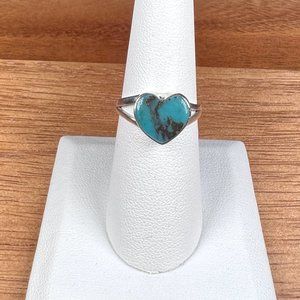 Natural Heart Shaped Morenci Mine Turquoise Sterling Silver Ring - Sz 7